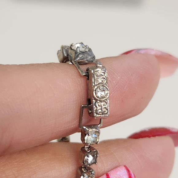 Vintage Art Deco Style Rhinestone Link Bracelet Silver Tone 1950s Retro Costume - Picture 9 of 9